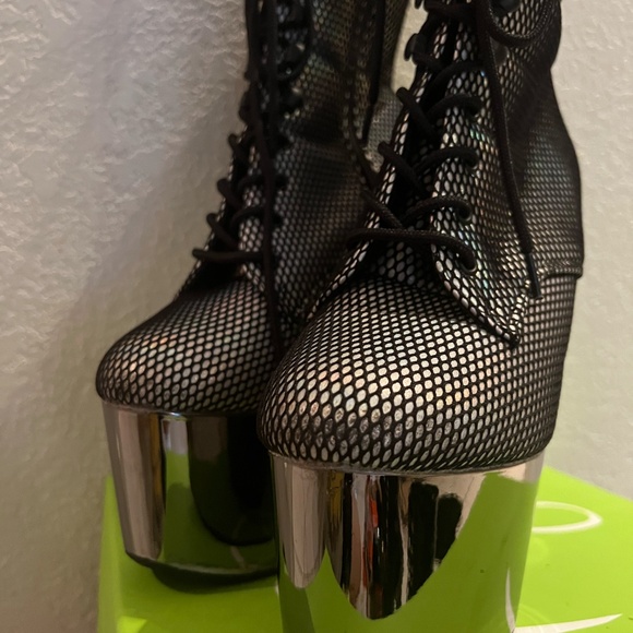 PLEASER Ankle boots Pole Dancing Shoes Chrome/Fishnet/Holographic Size 7 - Picture 6 of 14